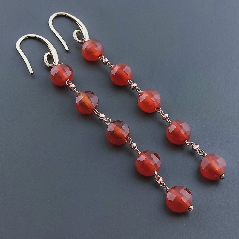 Orecchini In Argento 925 A Nodo Orafo Oro Rosa Con Corniola Rossa Tondo Piatto Briolette Sfaccettato A Mano