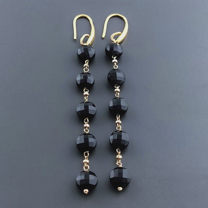 Orecchini In Argento 925 A Nodo Orafo Dorato Con Onice Nera Tondo Piatto Briolette Sfaccettato A Mano