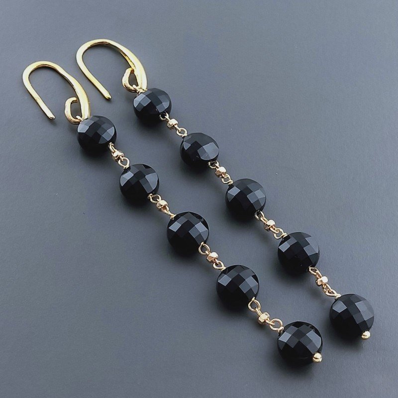 Orecchini In Argento 925 A Nodo Orafo Dorato Con Onice Nera Tondo Piatto Briolette Sfaccettato A Mano