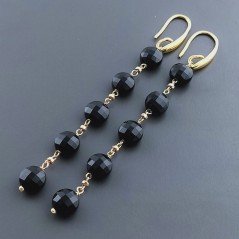 Orecchini In Argento 925 A Nodo Orafo Dorato Con Onice Nera Tondo Piatto Briolette Sfaccettato A Mano