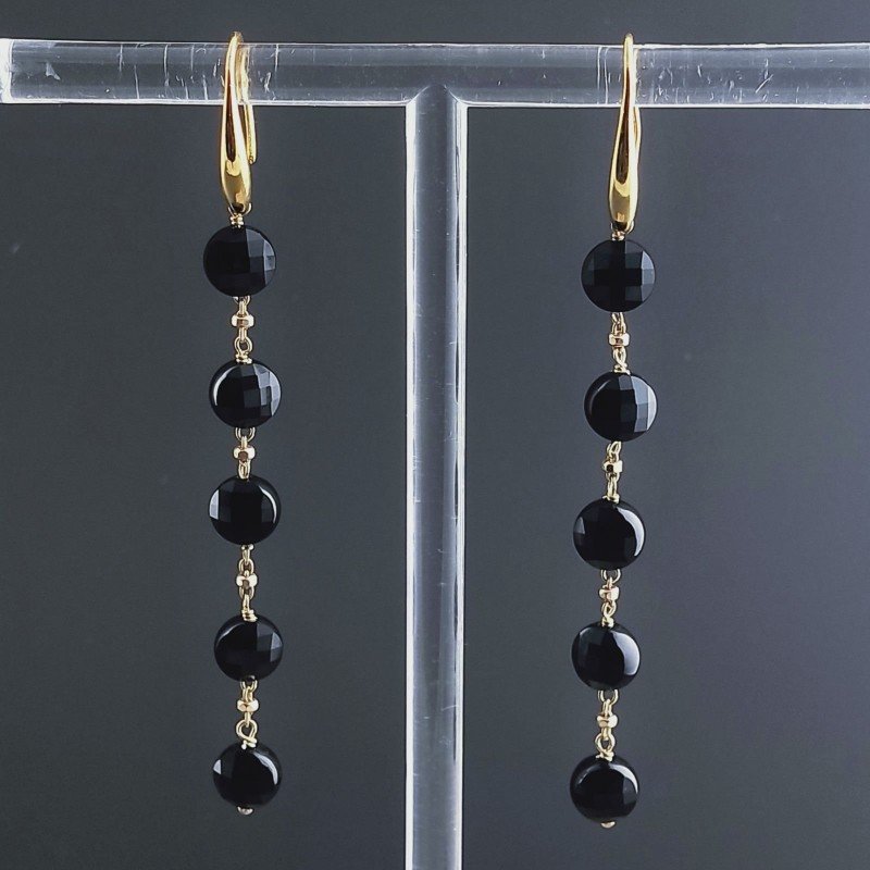 Orecchini In Argento 925 A Nodo Orafo Dorato Con Onice Nera Tondo Piatto Briolette Sfaccettato A Mano