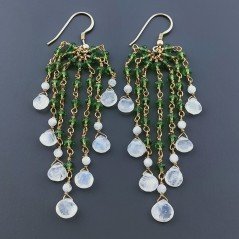 Orecchini Pioggia A Nodo Orafo Dorato Con Zircone Verde E Pietra Di Luna Goccia Briolette Sfaccettato A Mano