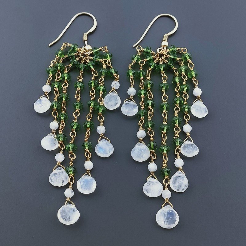 Orecchini Pioggia A Nodo Orafo Dorato Con Zircone Verde E Pietra Di Luna Goccia Briolette Sfaccettato A Mano