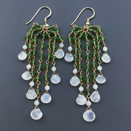 Orecchini Pioggia A Nodo Orafo Dorato Con Zircone Verde E Pietra Di Luna Goccia Briolette Sfaccettato A Mano