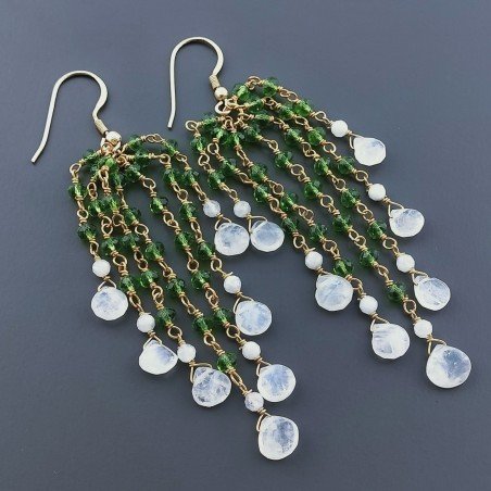 Orecchini Pioggia A Nodo Orafo Dorato Con Zircone Verde E Pietra Di Luna Goccia Briolette Sfaccettato A Mano