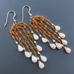 Orecchini Pioggia A Nodo Orafo Dorato Con Zircone Arancione E Opale Rosa Goccia Tondo Sfaccettato A Mano