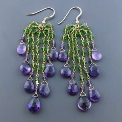 Orecchini Pioggia A Nodo Orafo Dorato Con Zircone Verde E Ametista Africana Goccia Briolette Sfaccettato A Mano