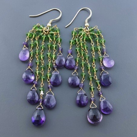 Orecchini Pioggia A Nodo Orafo Dorato Con Zircone Verde E Ametista Africana Goccia Briolette Sfaccettato A Mano