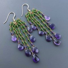 Orecchini Pioggia A Nodo Orafo Dorato Con Zircone Verde E Ametista Africana Goccia Briolette Sfaccettato A Mano