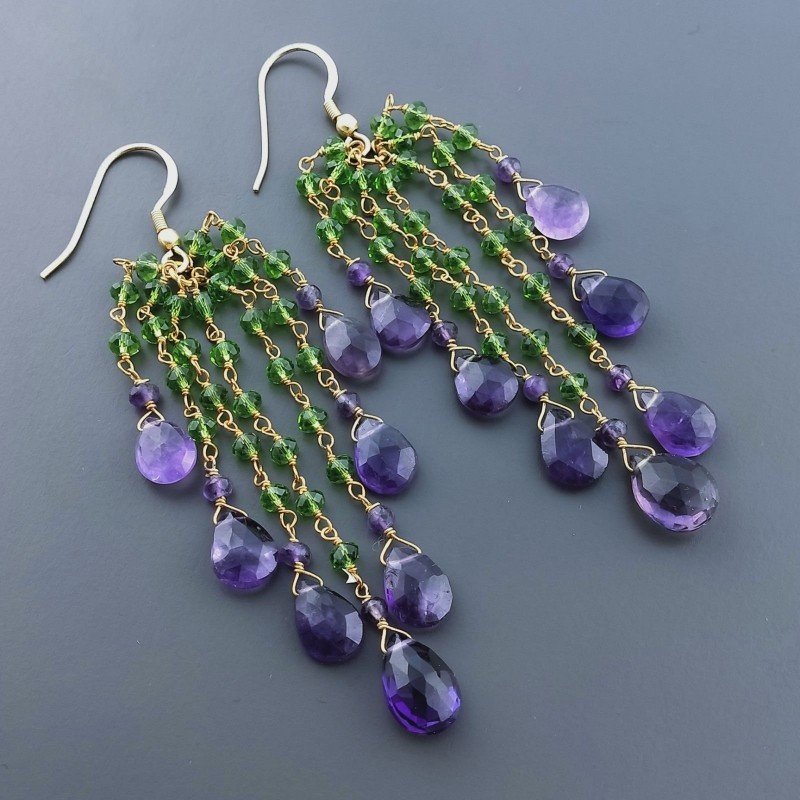 Orecchini Pioggia A Nodo Orafo Dorato Con Zircone Verde E Ametista Africana Goccia Briolette Sfaccettato A Mano