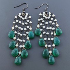 Orecchini Pioggia A Nodo Orafo Brunito Con Pietra Di Luna E Onice Verde Goccia Briolette Sfaccettato A Mano