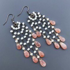 Orecchini Pioggia A Nodo Orafo Brunito Con Pietra Di Luna E Pietra Di Sole (Eliolite) Goccia Briolette Liscio A Mano
