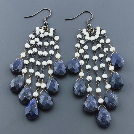 Orecchini Pioggia A Nodo Orafo Brunito Con Pietra Di Luna E Lapis Lazuli Goccia Briolette Sfaccettato A Mano
