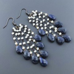 Orecchini Pioggia A Nodo Orafo Brunito Con Pietra Di Luna E Lapis Lazuli Goccia Briolette Sfaccettato A Mano