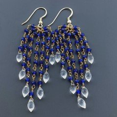 Orecchini Pioggia A Nodo Orafo Dorato Con Zircone Blu E Cristallo Di Rocca Goccia Sfaccettato A Mano
