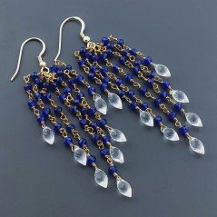 Orecchini Pioggia A Nodo Orafo Dorato Con Zircone Blu E Cristallo Di Rocca Goccia Sfaccettato A Mano