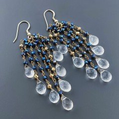 Orecchini Pioggia A Nodo Orafo Dorato Con Cristallo Blu Metallizato E Cristallo Di Rocca Goccia Sfaccettata A Mano