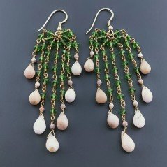Orecchini Pioggia A Nodo Orafo Dorato Con Zircone Verde E Opale Rosa Goccia Sfaccettato A Mano