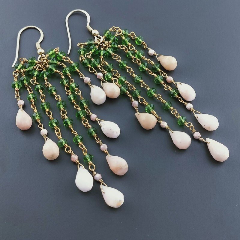Orecchini Pioggia A Nodo Orafo Dorato Con Zircone Verde E Opale Rosa Goccia Sfaccettato A Mano