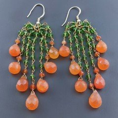 Orecchini Pioggia A Nodo Orafo Dorato Con Zircone Verde E Corniola Goccia Sfaccettato A Mano