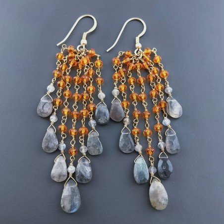 Orecchini Pioggia A Nodo Orafo Dorato Con Zircone Arancione E Labradorite Goccia Briolette Sfaccettato A Mano