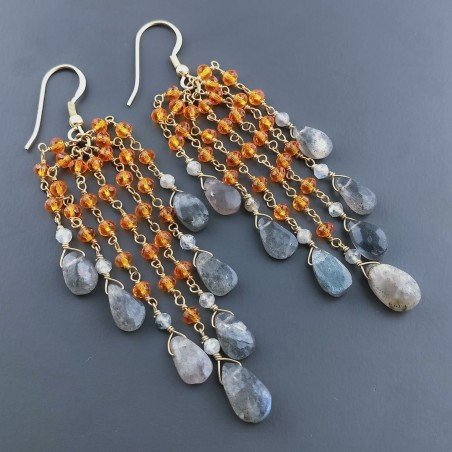 Orecchini Pioggia A Nodo Orafo Dorato Con Zircone Arancione E Labradorite Goccia Briolette Sfaccettato A Mano