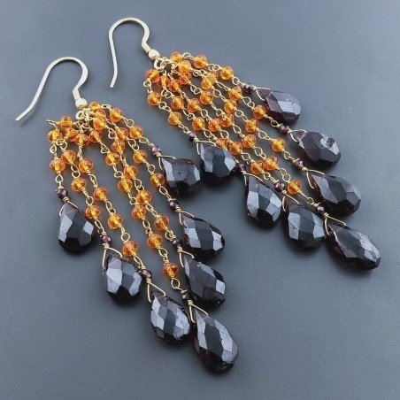 Orecchini Pioggia A Nodo Orafo Dorato Con Zircone Arancione E Granato Rosso Goccia Briolette Sfaccettato A Mano