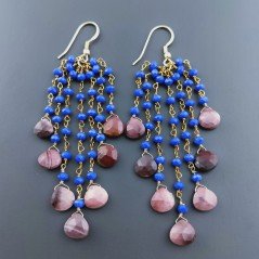 Orecchini Pioggia A Nodo Orafo Dorato Con Calcedonio Blu E Diaspro Rosso Goccia Briolette Sfaccettato A Mano