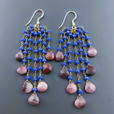 Orecchini Pioggia A Nodo Orafo Dorato Con Calcedonio Blu E Diaspro Rosso Goccia Briolette Sfaccettato A Mano