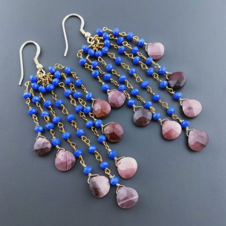 Orecchini Pioggia A Nodo Orafo Dorato Con Calcedonio Blu E Diaspro Rosso Goccia Briolette Sfaccettato A Mano