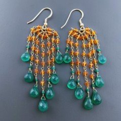 Orecchini Pioggia A Nodo Orafo Dorato Con Zircone Arancione E Onice Verde Goccia Sfaccettato A Mano