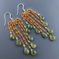 Orecchini Pioggia A Nodo Orafo Dorato Con Zircone Arancione E Olivina (Peridoto) Goccia Sfaccettato A Mano