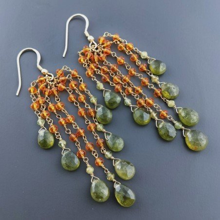 Orecchini Pioggia A Nodo Orafo Dorato Con Zircone Arancione E Olivina (Peridoto) Goccia Sfaccettato A Mano