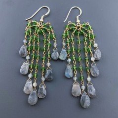 Orecchini Pioggia A Nodo Orafo Dorato Con Zircone Verde E Labradorite Goccia Sfaccettate Briolette A Mano