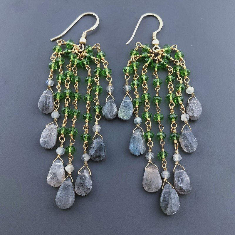 Orecchini Pioggia A Nodo Orafo Dorato Con Zircone Verde E Labradorite Goccia Sfaccettate Briolette A Mano