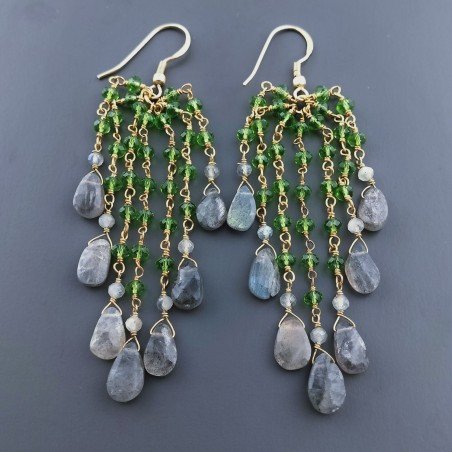 Orecchini Pioggia A Nodo Orafo Dorato Con Zircone Verde E Labradorite Goccia Sfaccettate Briolette A Mano