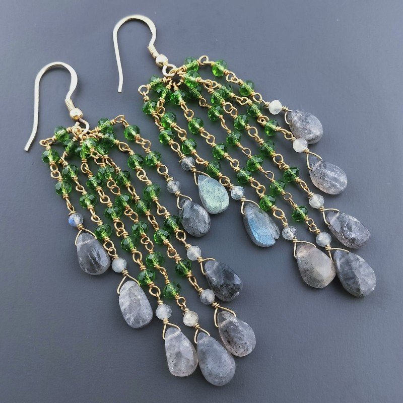Orecchini Pioggia A Nodo Orafo Dorato Con Zircone Verde E Labradorite Goccia Sfaccettate Briolette A Mano