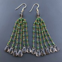 Orecchini Pioggia A Nodo Orafo Dorato Con Zircone Verde E Quarzo Fume Goccia Sfaccettate Briolette A Mano