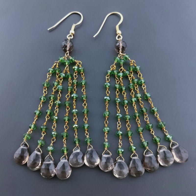 Orecchini Pioggia A Nodo Orafo Dorato Con Zircone Verde E Quarzo Fume Goccia Sfaccettate Briolette A Mano
