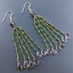 Orecchini Pioggia A Nodo Orafo Dorato Con Zircone Verde E Quarzo Fume Goccia Sfaccettate Briolette A Mano