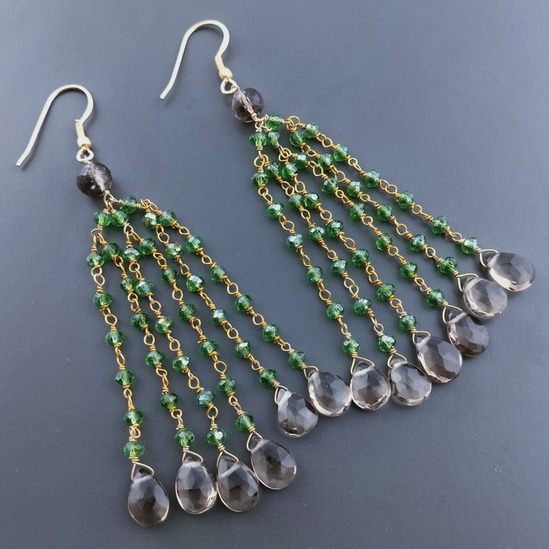 Orecchini Pioggia A Nodo Orafo Dorato Con Zircone Verde E Quarzo Fume Goccia Sfaccettate Briolette A Mano