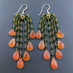 Orecchini Pioggia A Nodo Orafo Dorato Con Zircone Verde E Corniola Goccia Sfaccettato Briolette A Mano