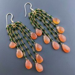 Orecchini Pioggia A Nodo Orafo Dorato Con Zircone Verde E Corniola Goccia Sfaccettato Briolette A Mano