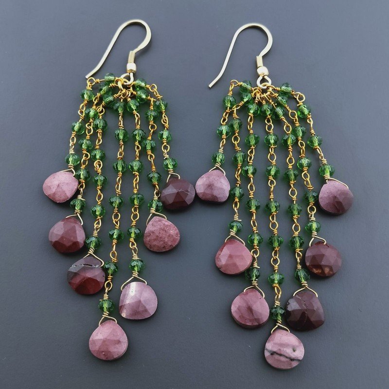 Orecchini Pioggia A Nodo Orafo Dorato Con Zircone Verde E Diaspro Rosso Goccia Sfaccettato Briolette A Mano