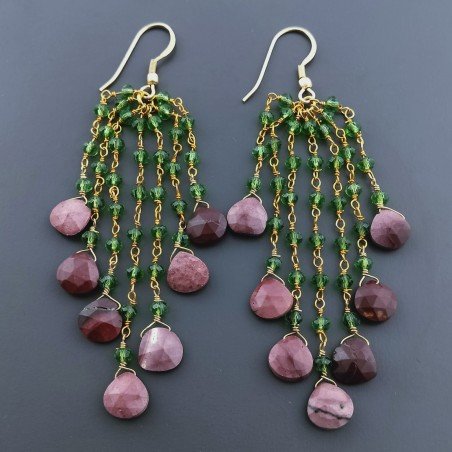 Orecchini Pioggia A Nodo Orafo Dorato Con Zircone Verde E Diaspro Rosso Goccia Sfaccettato Briolette A Mano