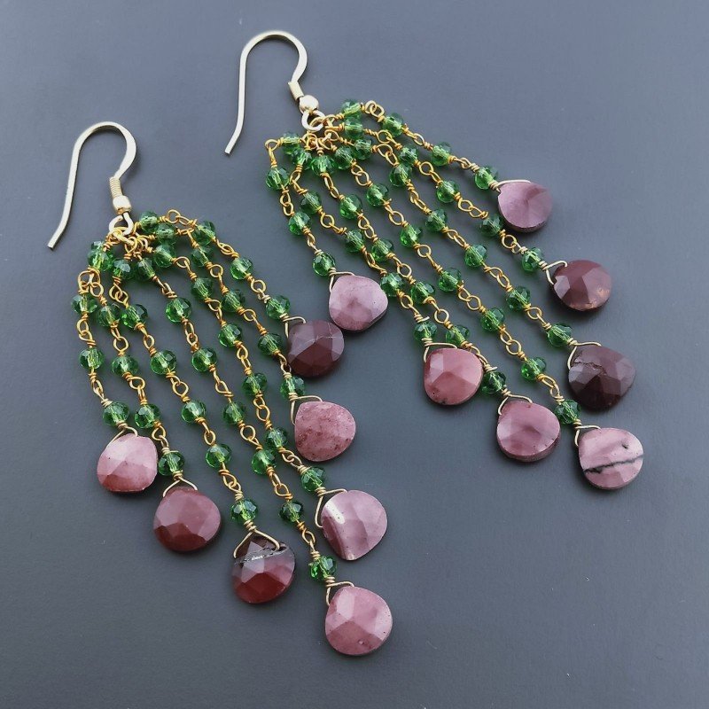 Orecchini Pioggia A Nodo Orafo Dorato Con Zircone Verde E Diaspro Rosso Goccia Sfaccettato Briolette A Mano
