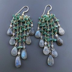 Orecchini Pioggia A Nodo Orafo Dorato Con Avventurina Verde E Labradorite Goccia Sfaccettato Briolette A Mano