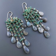 Orecchini Pioggia A Nodo Orafo Dorato Con Avventurina Verde E Labradorite Goccia Sfaccettato Briolette A Mano