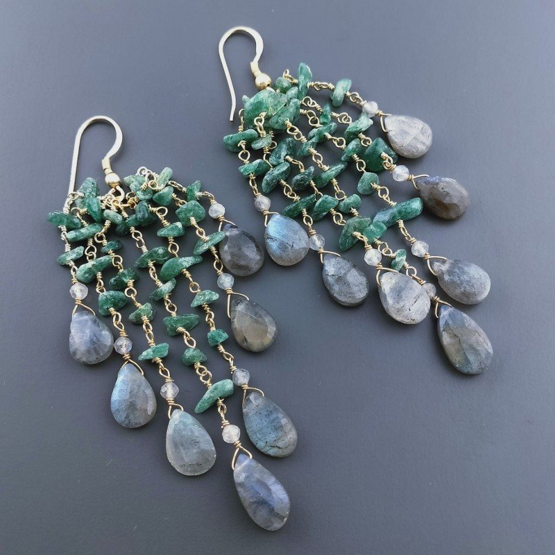 Orecchini Pioggia A Nodo Orafo Dorato Con Avventurina Verde E Labradorite Goccia Sfaccettato Briolette A Mano