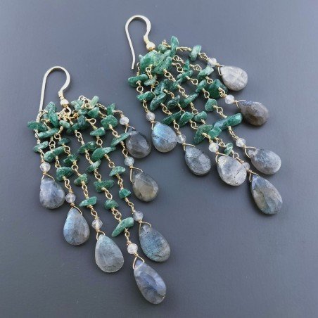 Orecchini Pioggia A Nodo Orafo Dorato Con Avventurina Verde E Labradorite Goccia Sfaccettato Briolette A Mano